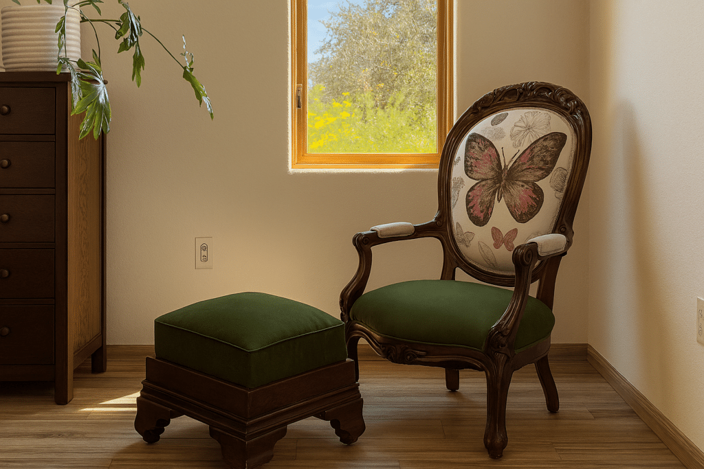 Elegant chair with butterfly design.